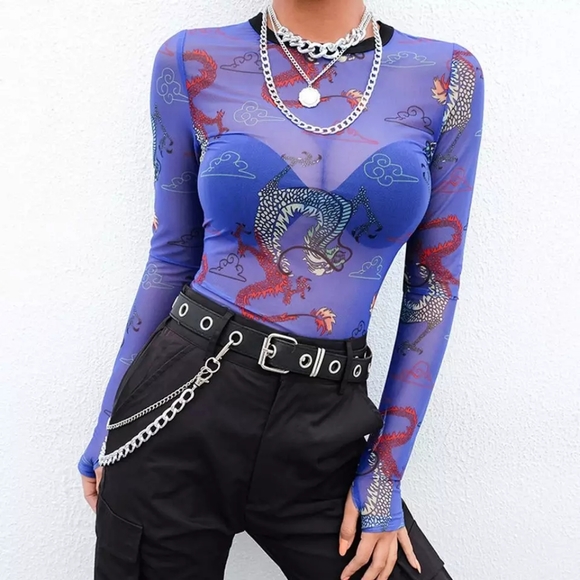 Mesh Dragon Long Sleeve Print 90s y2k style Top - Picture 2 of 14
